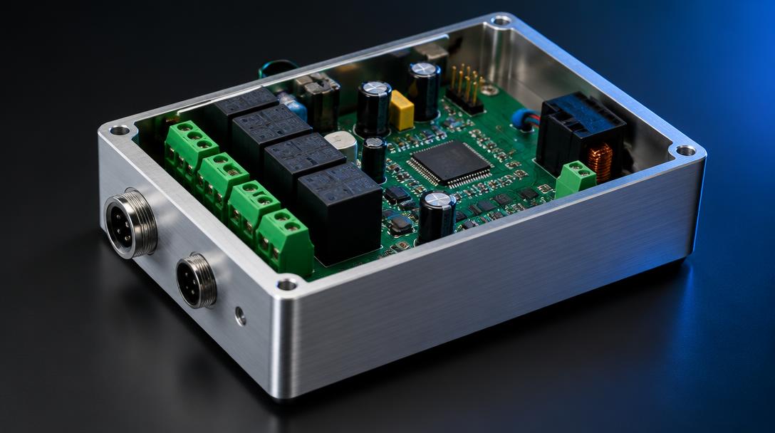 Custom circuit board with green terminals inside a machined aluminium enclosure